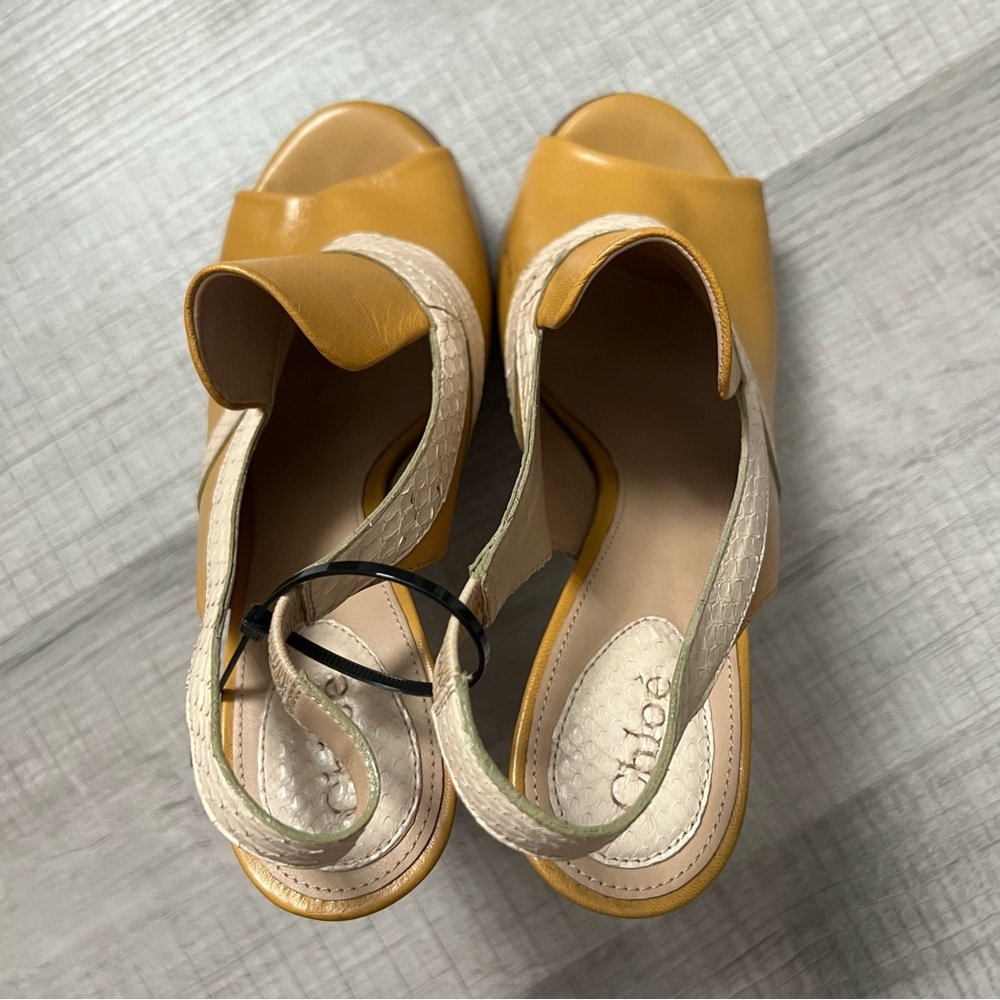 CHLOE Snakeskin Embossed And Leather Slingback Heeled Sandals 37 Mustard Cream - Picture 14 of 16